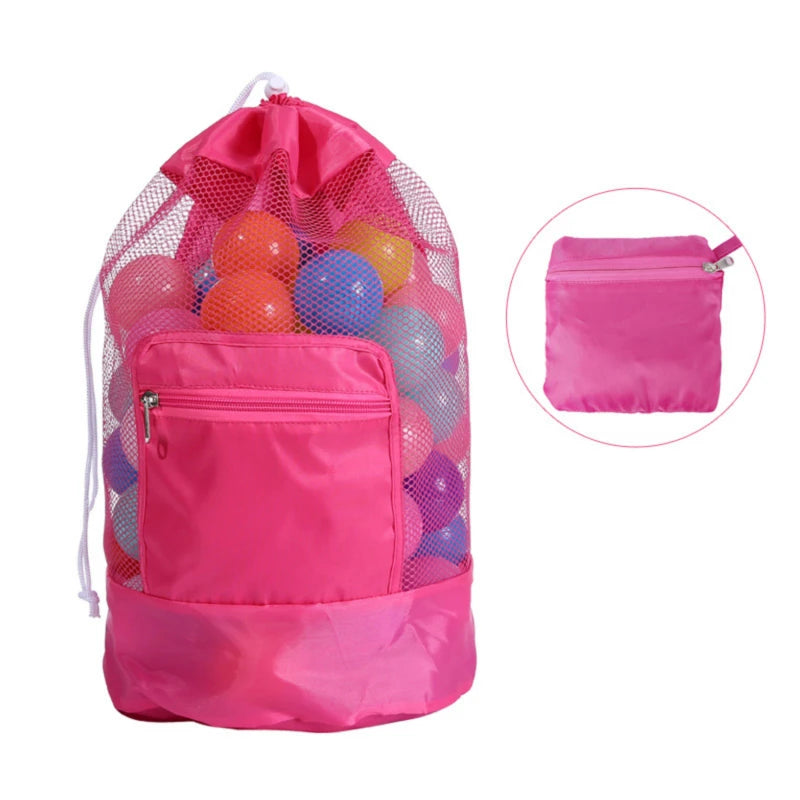 Foldable Beach Toy Bag Beach Storage Pouch Tote Mesh Bag Travel Toy Organizer Sundries Net Drawstring Storage Backpack