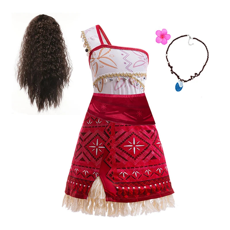 New Movie Moana 2 Dress Girls Cosplay Vaiana Princess Costume Girls One-Shoulder Suspender Dress Accessories Set