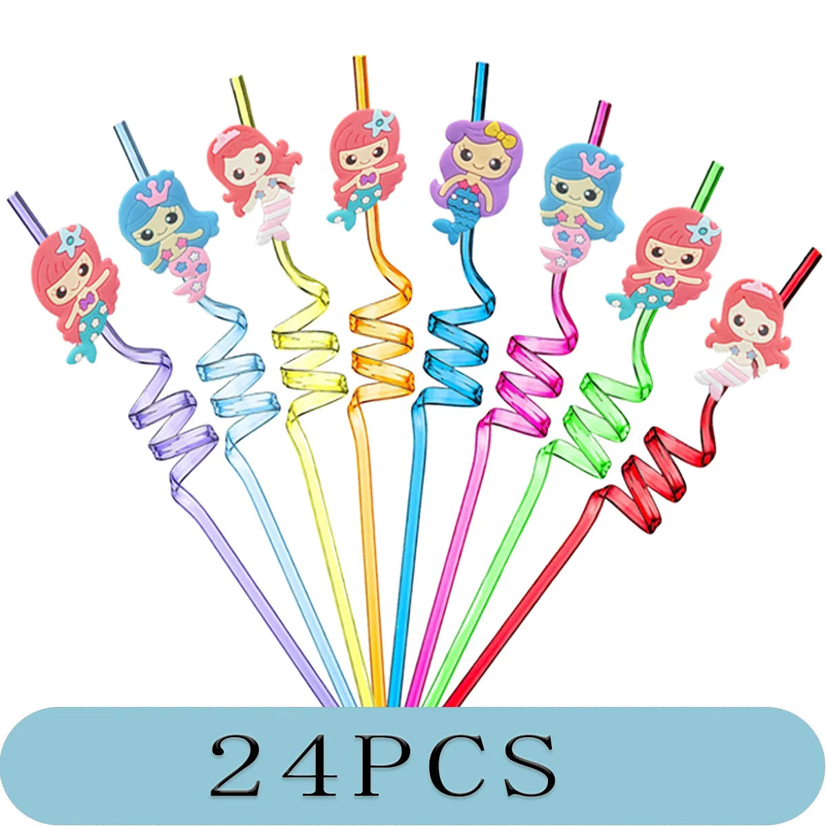 8-24PCS Curly Colored Reusable Children's Straws, Mermaid, Rainbow, Little Mary Straws For Princess Birthday Party Decorations