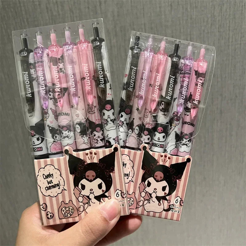 Sanrio 6pcs Series Gel Pen 0.55mm Refill Hello Kitty Y2k Cinnamoroll Kuromi MelodyCartoon Press Pen Black Stationery Supplies
