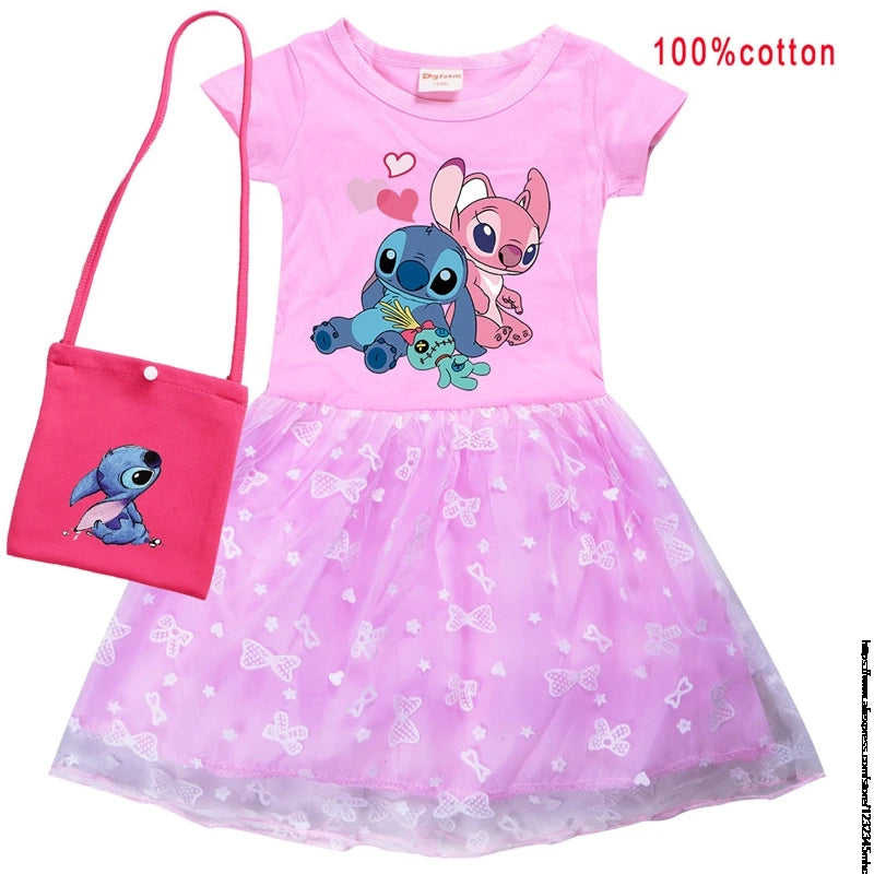 Hot Lilo And Stitch Girls Children Spring Summer Tutu Stitch Dress +Bag Kids Princess Girls Birthday Party Dress Costume