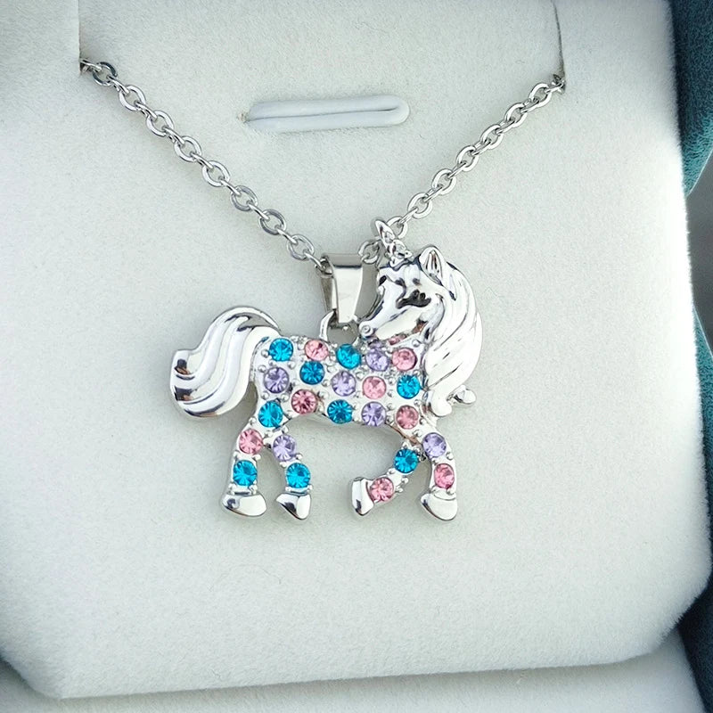 Cute Rainbow Horse Necklace Colorful Crystal Unicorn Pendant Necklaces For Women Girls Boys Christmas Gifts
