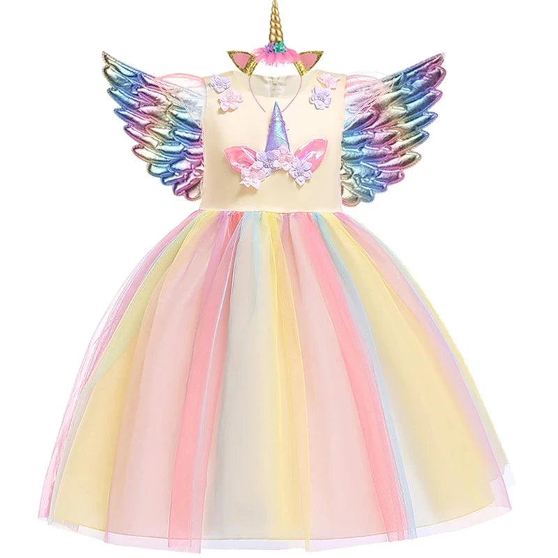 Kids Unicorn Dress for Girls Party Dresses Flower Appliques Ball Gown Little Girl Princess Costumes Summer Children Clothing