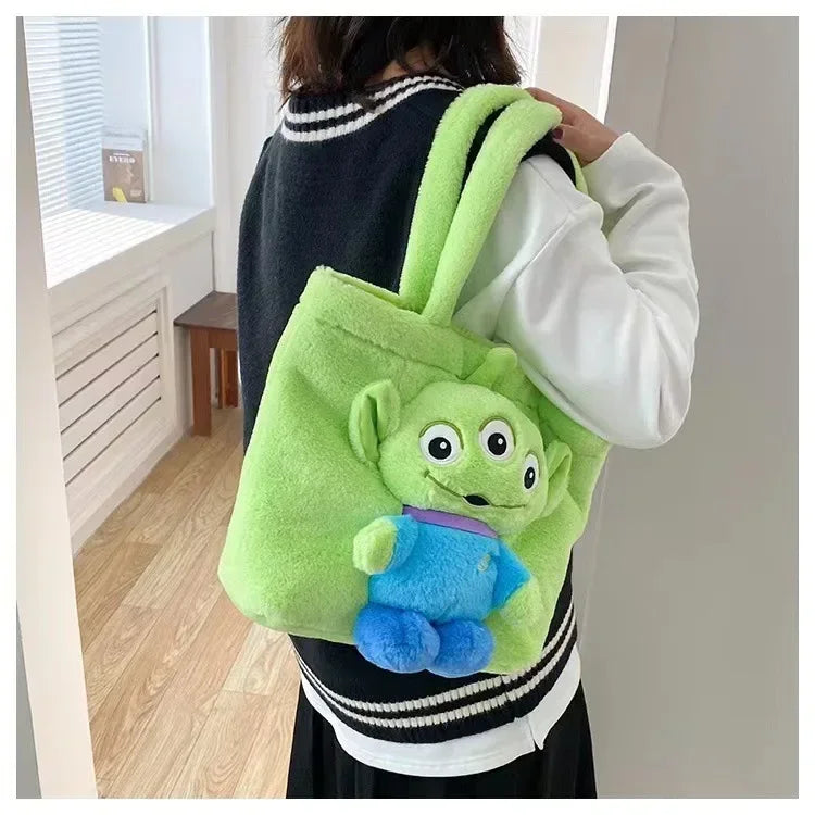 MINISO 2024 New Cartoon Plush Doll Shoulder Bag Sweet and Cute Stitch Strawberry Bear Soft Cute Girls Handbag