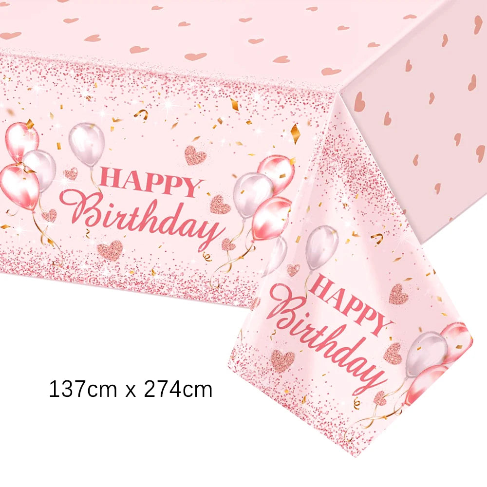 Birthday Disposable Tableware Set Pink Rose Gold White Plates Cups Napkins Tablecloth Girl Birthday Party Decoration Baby Shower