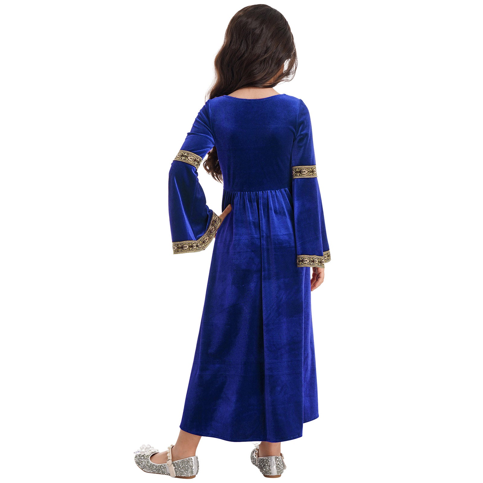Kids Girls Medieval Renaissance Princess Costume Velvet Long Flare Sleeve Vintage Dress Gown Carnival Party Cosplay Dress Up