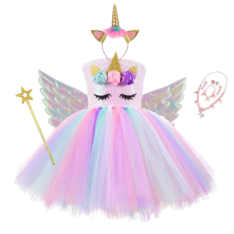 Princess Girls Unicorn Tutu Dress Outfits Pastel Flower Baby Girl Birthday Party Dresses Tulle Kids Halloween Cosplay Costumes