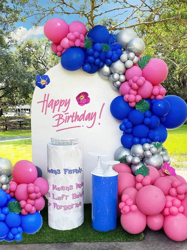 114pcs Stich Balloon Birthday Party Garland Kit, Navy Hot Pink Silver and Palm Leaves, Hawaiian Tropical Style, Summer Luau
