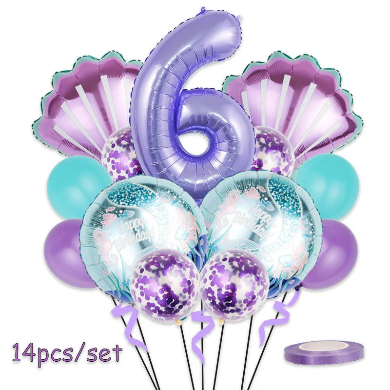 Mermaid Birthday Balloons Set 32inch Purple Number Shell Foil Ballon Girls Happy Little Mermaid 1st 2nd 3rd 4th Birthday Balloon