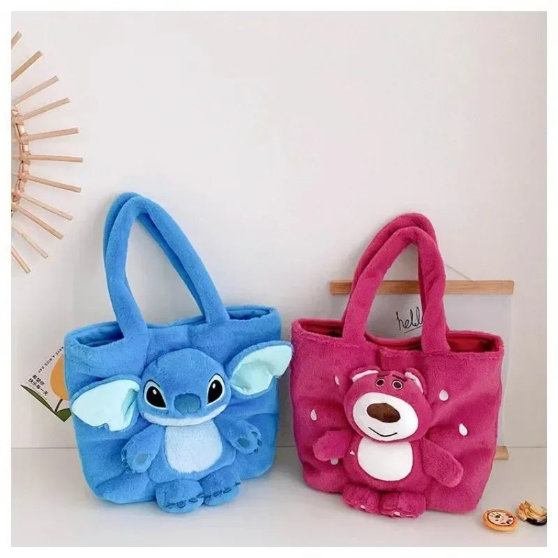 MINISO 2024 New Cartoon Plush Doll Shoulder Bag Sweet and Cute Stitch Strawberry Bear Soft Cute Girls Handbag