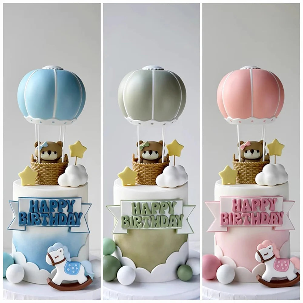 Bear Cake Toppers for Boy or Girl Baby Shower Children's Birthday Party Decoration Hot Air Balloon Cake Topper Pink Blue Green