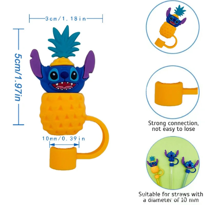 MINISO 10mm Straw Cap Stitch Kawaii Cute Student Anime Cartoon Cups Straw Sleeves Dust Plug Decorations Toys Boys Girls Gifts
