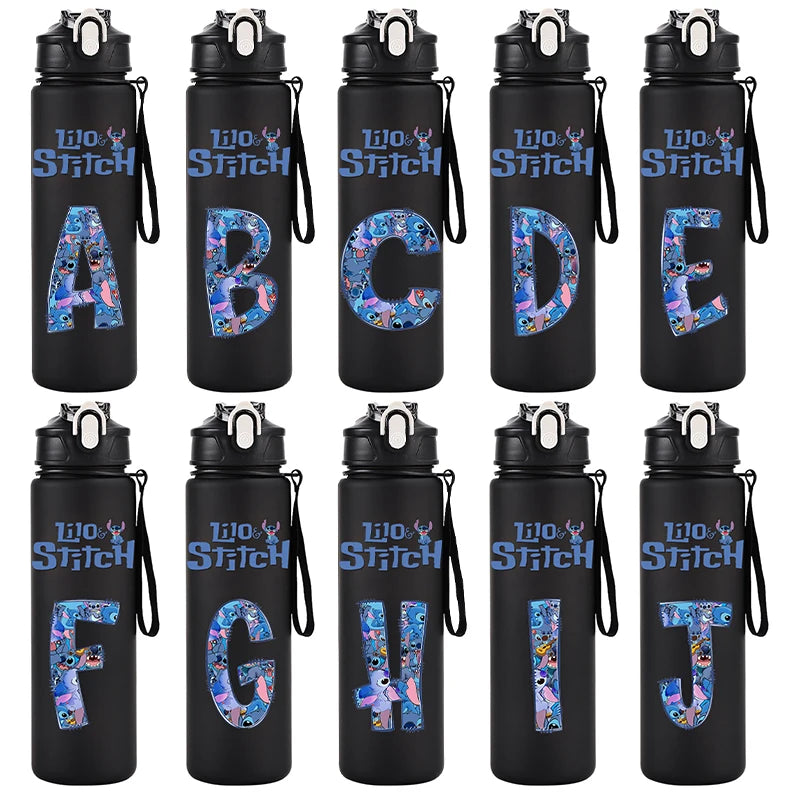 750ml Water Bottle Letter A-Z Printed Lilo Stitch Black Large Capacity Drinking Cup Portable Outdoor Sport Water Cup Kid Gifts
