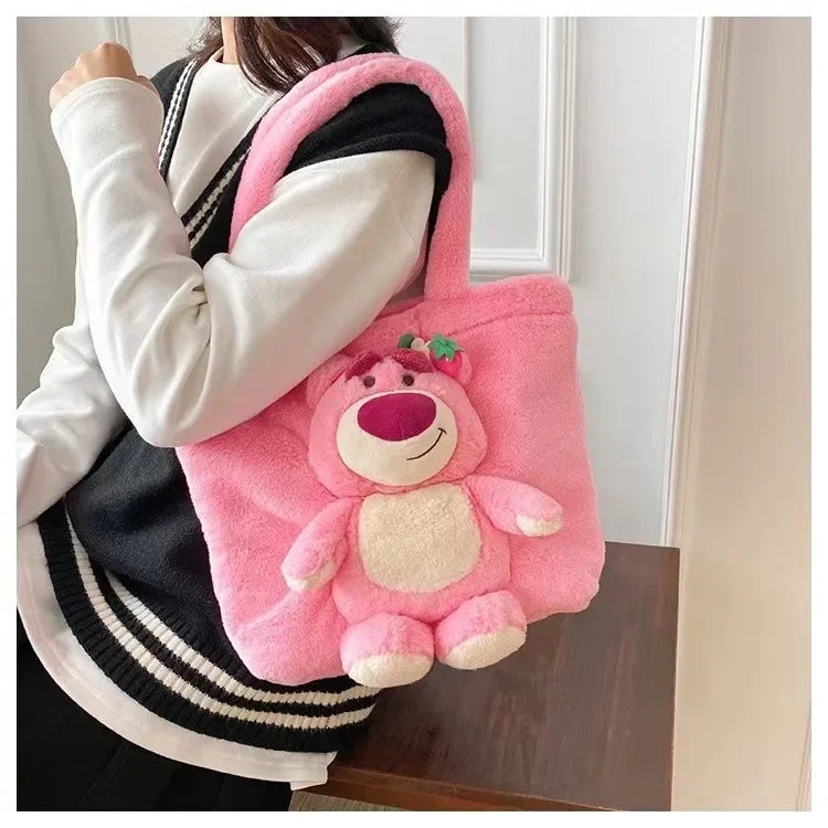 MINISO 2024 New Cartoon Plush Doll Shoulder Bag Sweet and Cute Stitch Strawberry Bear Soft Cute Girls Handbag