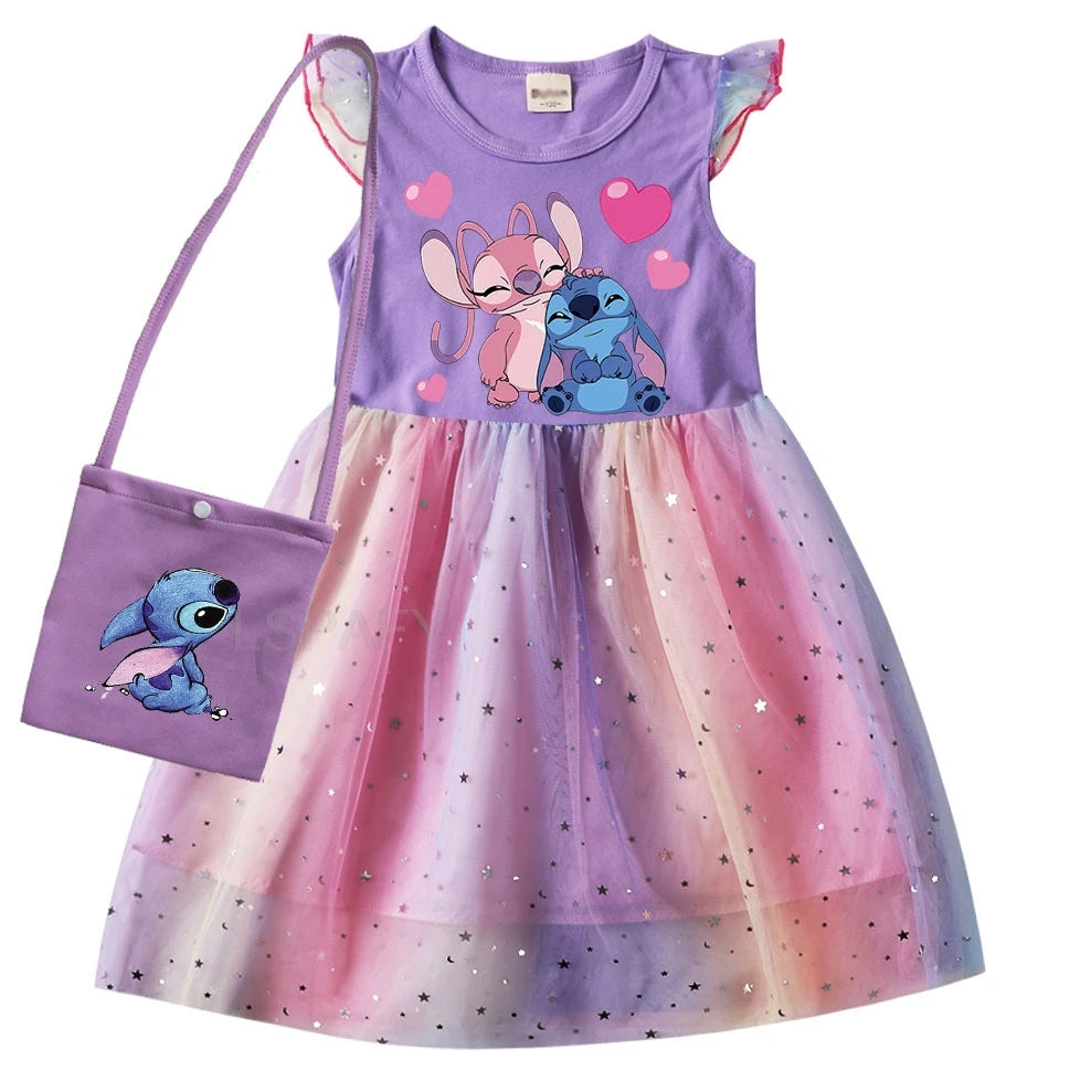 Hot Lilo And Stitch Girls Children Spring Summer Tutu Stitch Dress +Bag Kids Princess Girls Birthday Party Dress Costume