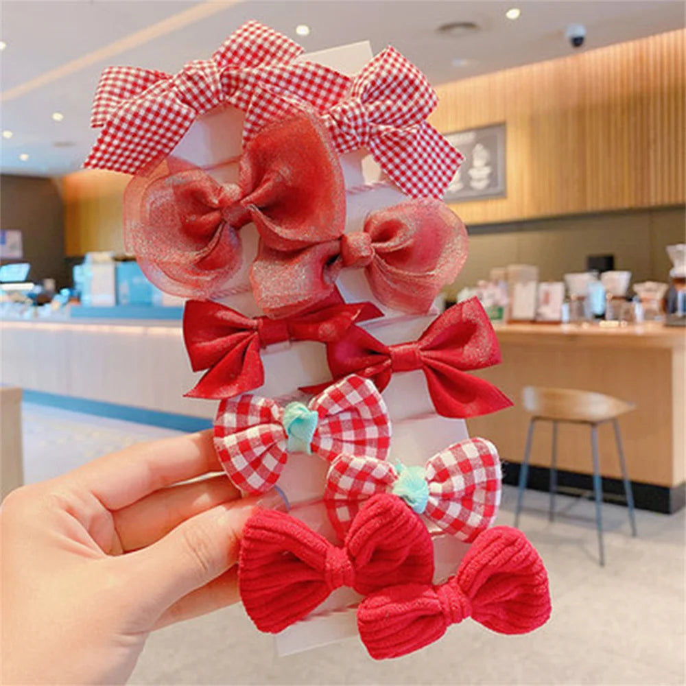 10pcs Cute Flower Hair Ties Set Kids High Elastic Mixed Cloth Plaid Bow Charms Hair Loop For Toddler Girls Princess Headwear
