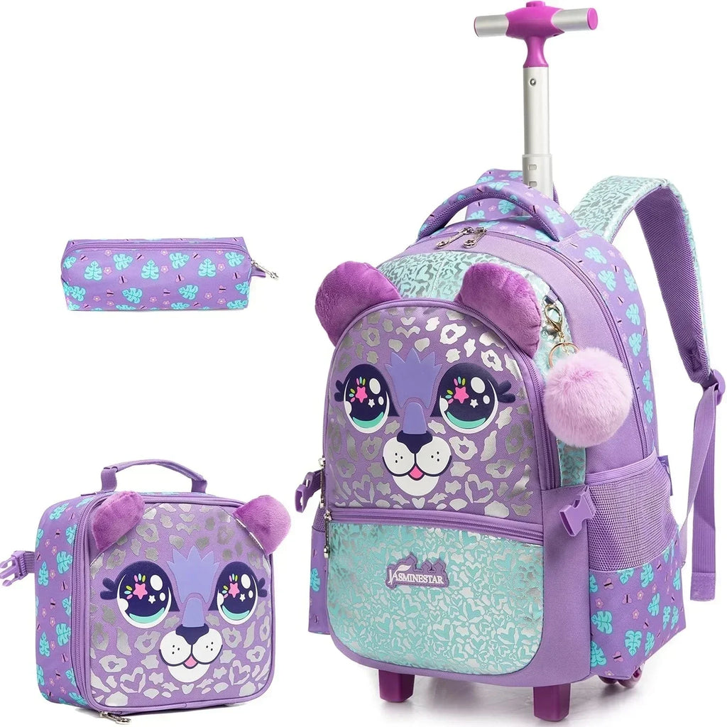 3PCS Cute Rolling Backpack for Girls Backpacks with Wheels for Elementary Students Kids 3 in 1 Travel Luggage Carry on Suitcase