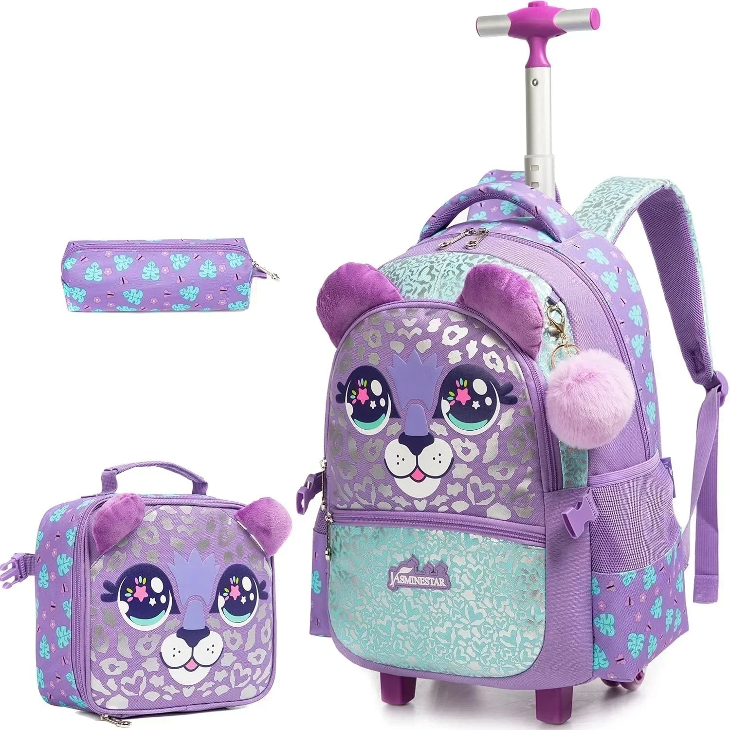 3PCS Cute Rolling Backpack for Girls Backpacks with Wheels for Elementary Students Kids 3 in 1 Travel Luggage Carry on Suitcase