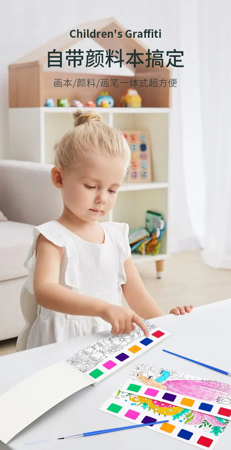 Portable Watercolor Painting Book 12 Sheets Coloring Book With Paint Brush Gouache Book Kids Graffiti Picture Drawing Stationery