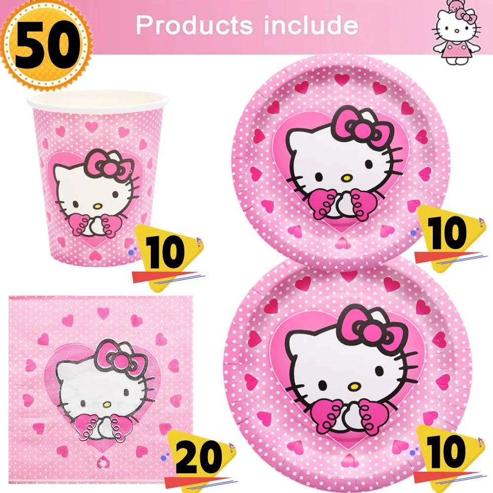 Hello Kitty Birthday Party Decoration Children's Theme Paper Cup Plate Napkin Balloon Baby Shower Kids Girls Party Gift Toys Set