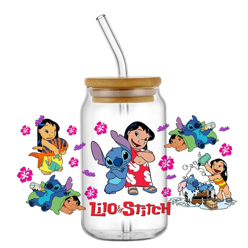Miniso Stitch 16oz UV DTF Cup Wrap Cartoon Transfers Libbey Wrap Tumbler DIY Logo Sticker Glass Can Selfadhesive Waterproof