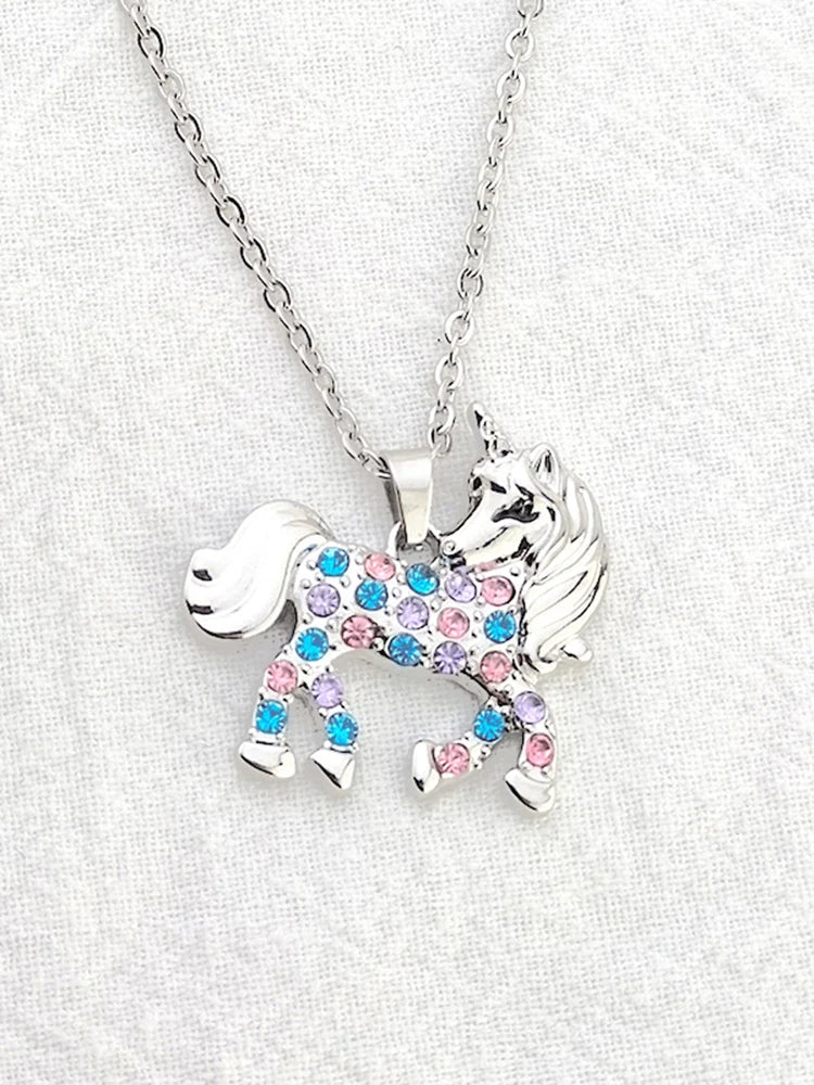Cute Rainbow Horse Necklace Colorful Crystal Unicorn Pendant Necklaces For Women Girls Boys Christmas Gifts