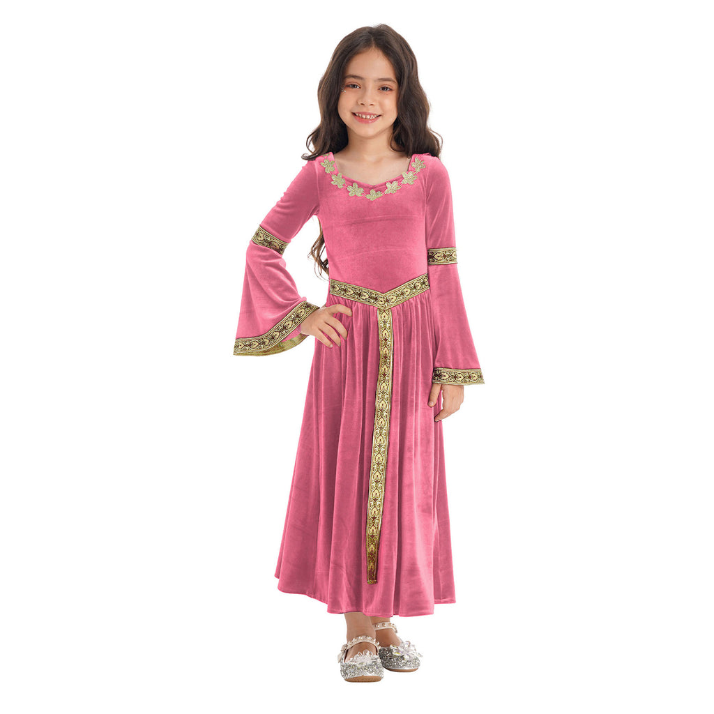 Kids Girls Medieval Renaissance Princess Costume Velvet Long Flare Sleeve Vintage Dress Gown Carnival Party Cosplay Dress Up