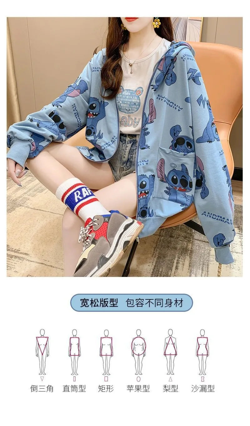 New Lilo and Stitch Hooded Sweatshirt Kawaii Women's Loose Top Thin Design Anime Printed Accessories Cartoon Cardigan Jacket
