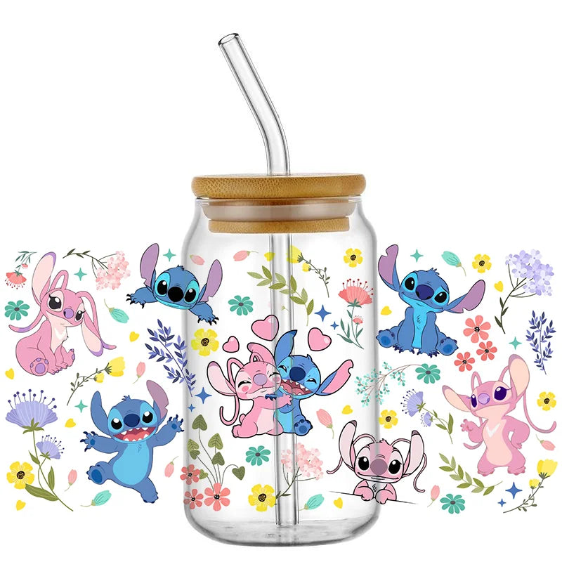 UV DTF Cup Mug Wraps Miniso Lovely Cartoon stitch 3D Transfer Sticker for 16oz Libbey Glasses  Cup Waterproof  DIY Sticker