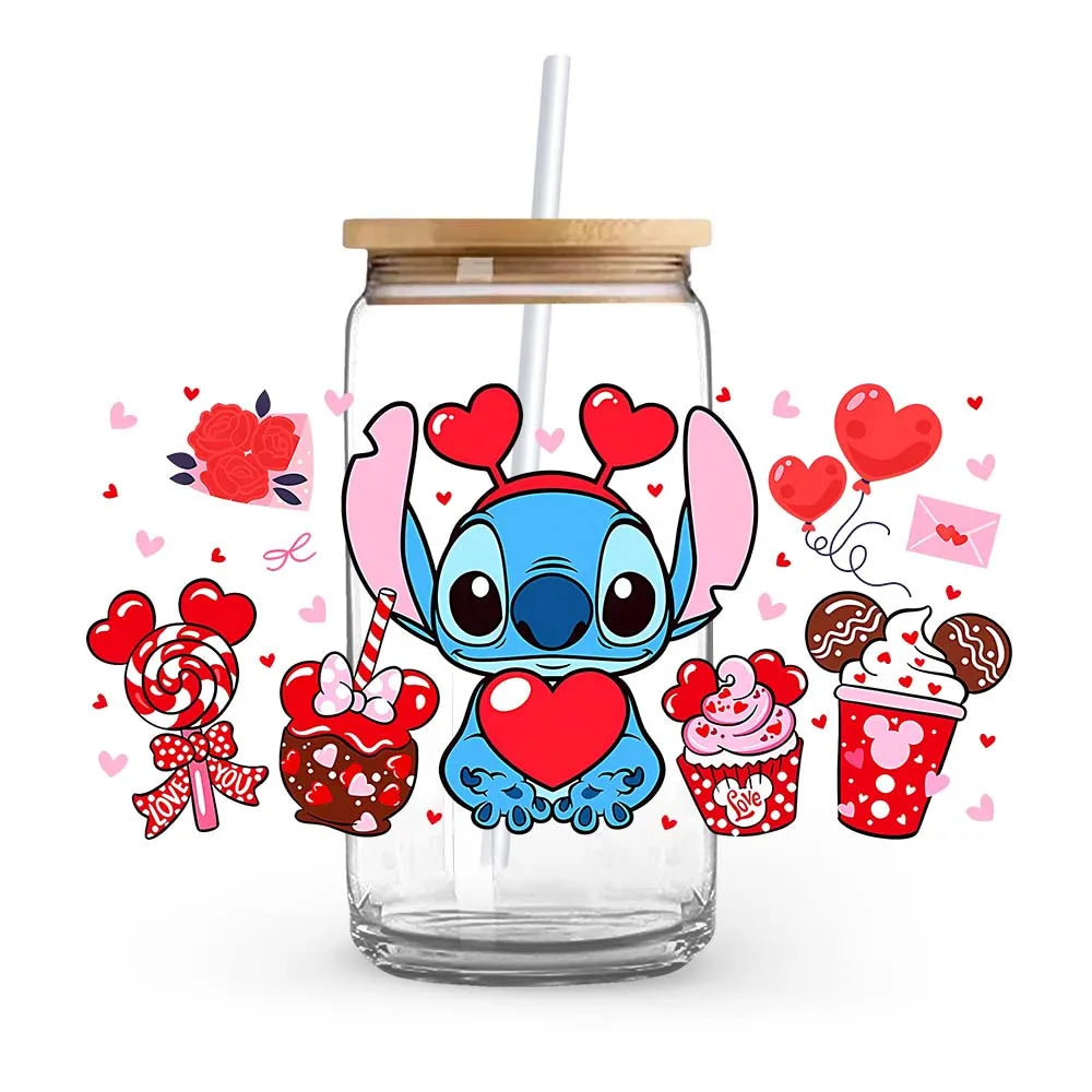 Stitch Christmas Love Sweet Glass Cup Decals Cup Wrap Sticker UV DTF Long-Lasting Adhesive Labels DIY Sticker Kits for Drinkware