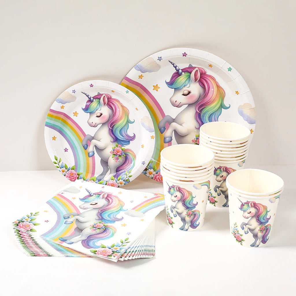 Rainbow Unicorn Disposable Tableware Happy 1st Birthday Party Decorations Kids Unicorn Theme Wedding Baby Shower Girls Supplies