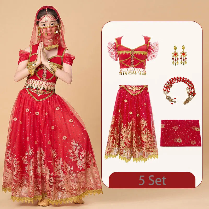  Kids India Princess Belly Dance Set Oriental Indian Dance Sari Girl Performance Costume Bollywood Children Stage Outfit