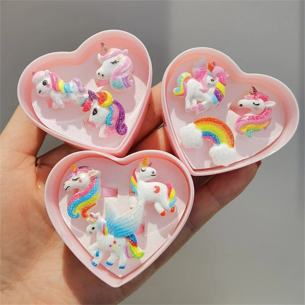 Cute Little Girl Cartoon Unicorn Acrylic 3pcs Set Ring Best Gift for Parents To Give Their Children on Holidays and Birthdays