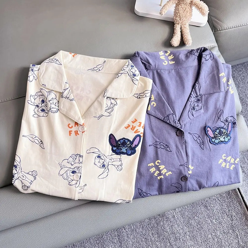 Cartoon Stitch Korean version ins couple pajamas, cute personality, comfortable summer cotton shorts, cardigan, loungewear set