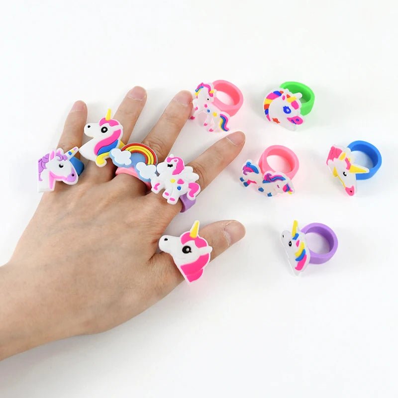 6/10pcs Cartoon Unicorn Butterfly Ring Girls Jewelry Silicone Ring Toys For Kids Unicorn Birthday Party Decor Gifts Filler Prize