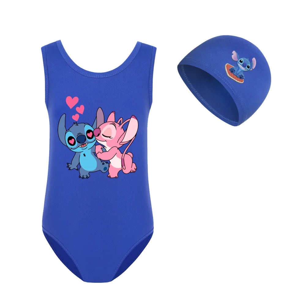 Kids Girls Swimwear Swimsuit Cartoon Lilo & Stitch Baby Swimming Cap Set Children Movement Outfit Learn To Swim Tops 3-14year