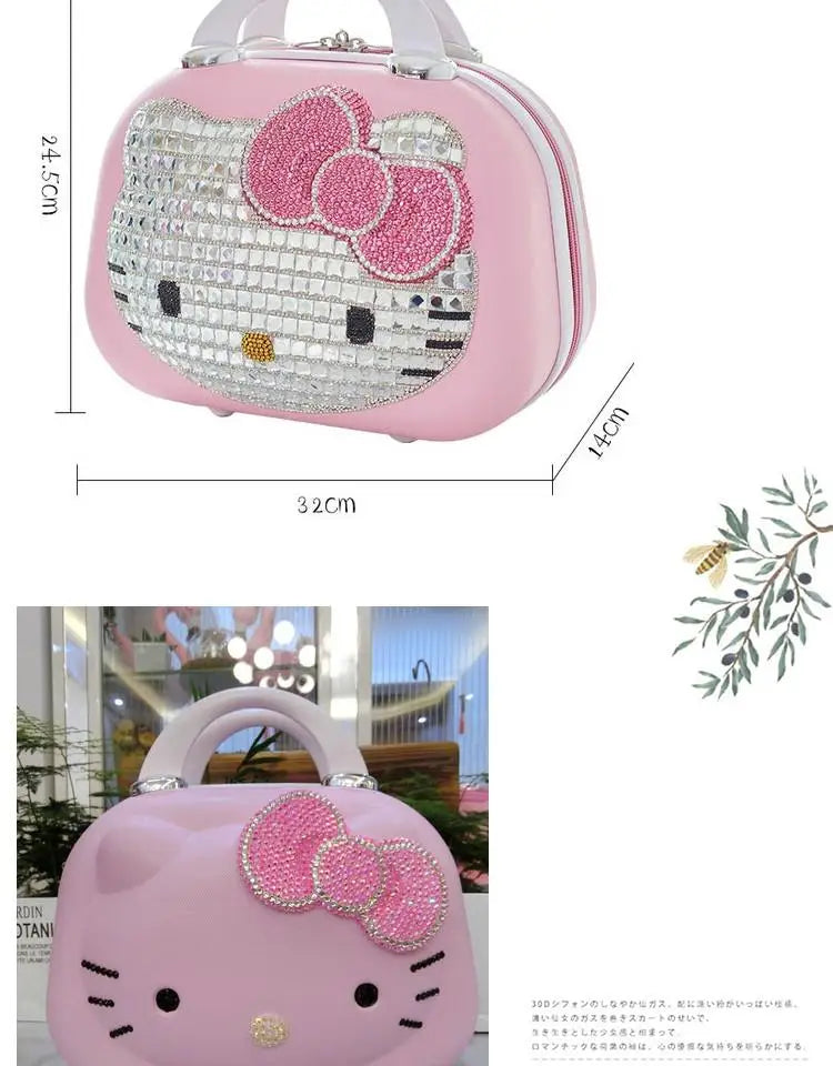 Kawaii 14 Inches Hello Kitty Cosmetic Case Sanrioed Anime Suitcase High Capacity with Lock Storage Bag Girl High End Gift Travel