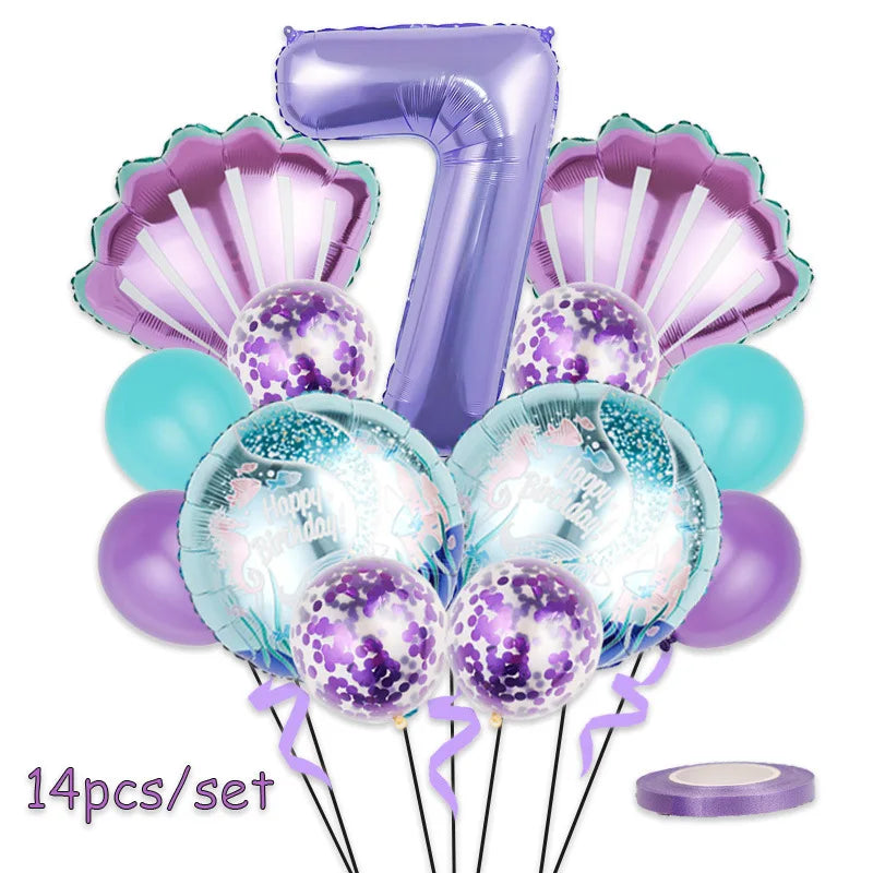 Mermaid Birthday Balloons Set 32inch Purple Number Shell Foil Ballon Girls Happy Little Mermaid 1st 2nd 3rd 4th Birthday Balloon