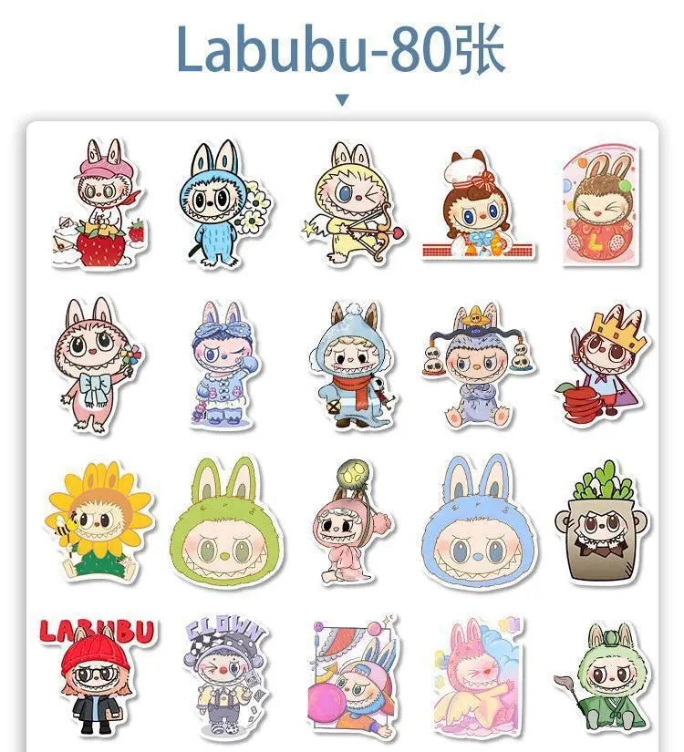 80Pcs 2024 New Labubu Monster Cartoon Waterproof Stickers Pack Cute Water Bottle Laptop Skateboard Scrapbook Anime Accessories