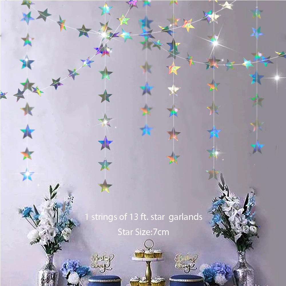 Iridescent Paper Leaf Snowflakes Garland Mermaid Birthday Tea Party Hanging Leaves Star Streamer Xmas New Year Banner Decoration