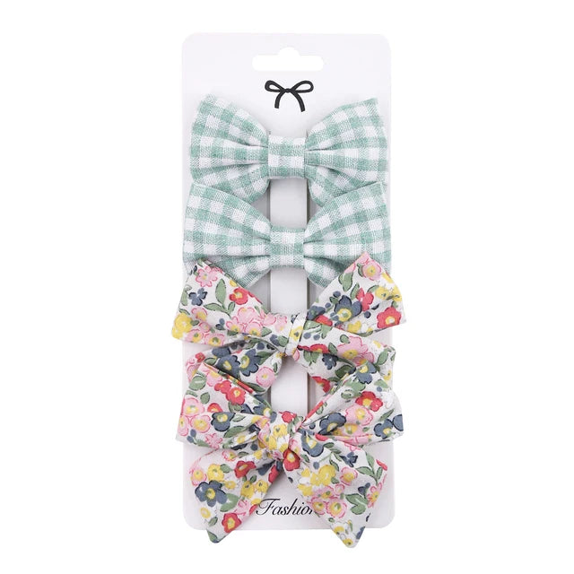4Pcs/set Floral Print Hair Bow Clips Baby Girls Lace Cotton Linen BB Barrettes Safety Hairpins Korea Kids Headwear Accessories
