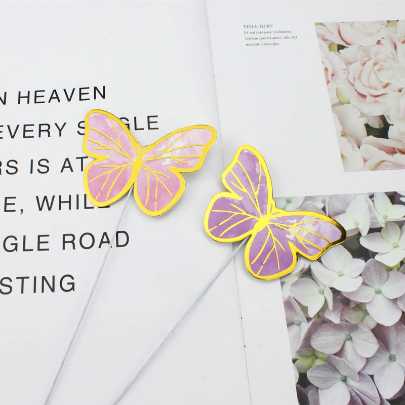 10pcs Dessert Cake Decor Butterfly Stamping Gold Butterfly Cake Toppers Princess Girl Wedding Happy Birthday Party Decor