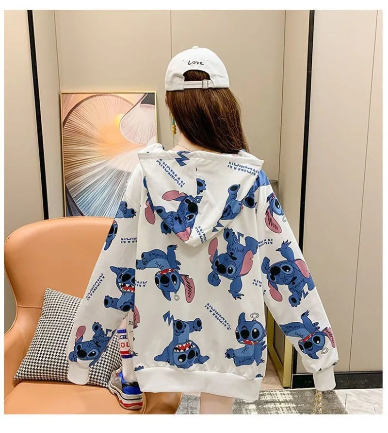 New Lilo and Stitch Hooded Sweatshirt Kawaii Women's Loose Top Thin Design Anime Printed Accessories Cartoon Cardigan Jacket