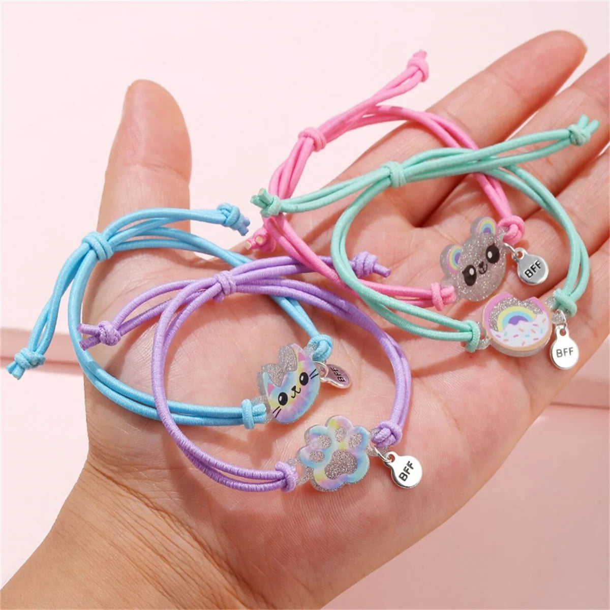 4pcs Kids Elastic Hair Rope Bracelets Set Cute Kitten Bear Donut Design BFF Good Friends Elastic Cord for Children