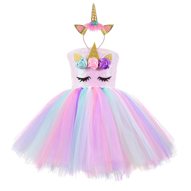 Princess Girls Unicorn Tutu Dress Outfits Pastel Flower Baby Girl Birthday Party Dresses Tulle Kids Halloween Cosplay Costumes