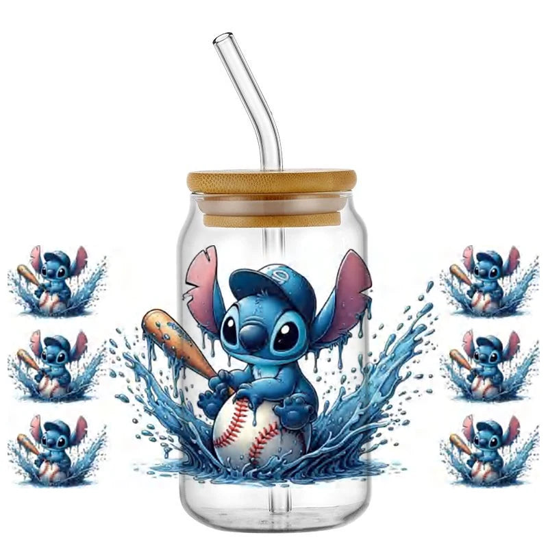 Miniso Stitch Baseball 16OZ UV DTF Cup Wraps Transfer Sticker For Glass Libbey Can Bottle waterproof DIY Custom