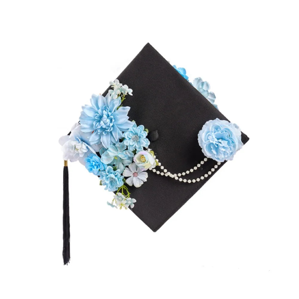 Trencher Cap DIY Flowers Graduation Cap Mortar Board Adjustable Kids Academic Hat with Tassels Bachelor Charm Ornament
