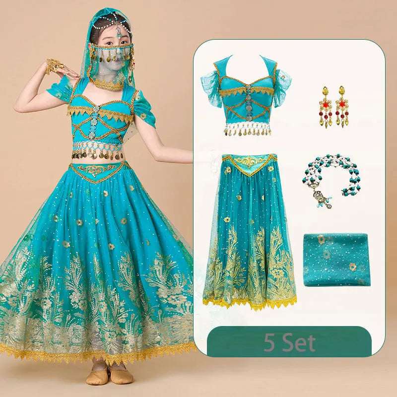  Kids India Princess Belly Dance Set Oriental Indian Dance Sari Girl Performance Costume Bollywood Children Stage Outfit