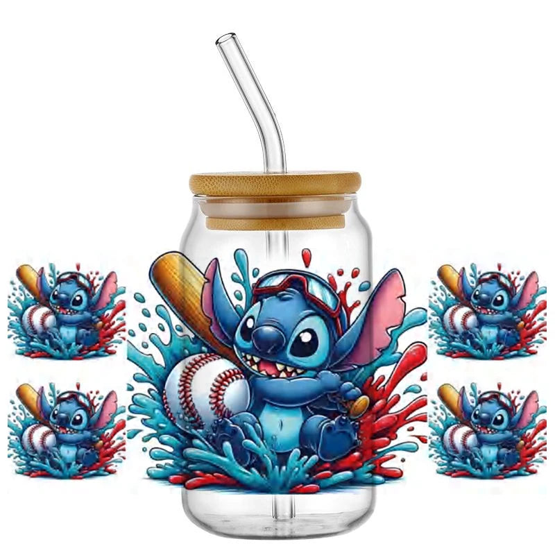 Miniso Stitch Baseball 16OZ UV DTF Cup Wraps Transfer Sticker For Glass Libbey Can Bottle waterproof DIY Custom