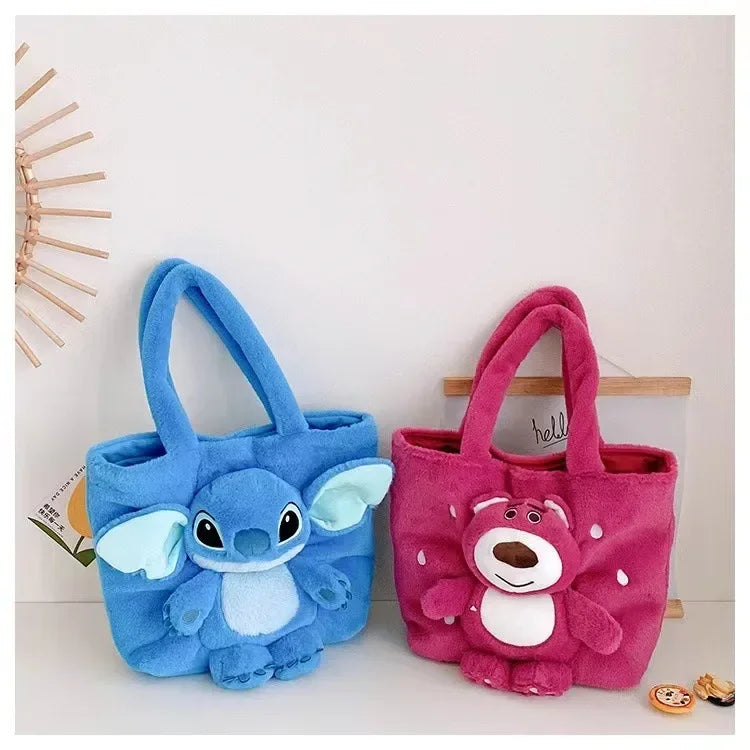 MINISO 2024 New Cartoon Plush Doll Shoulder Bag Sweet and Cute Stitch Strawberry Bear Soft Cute Girls Handbag